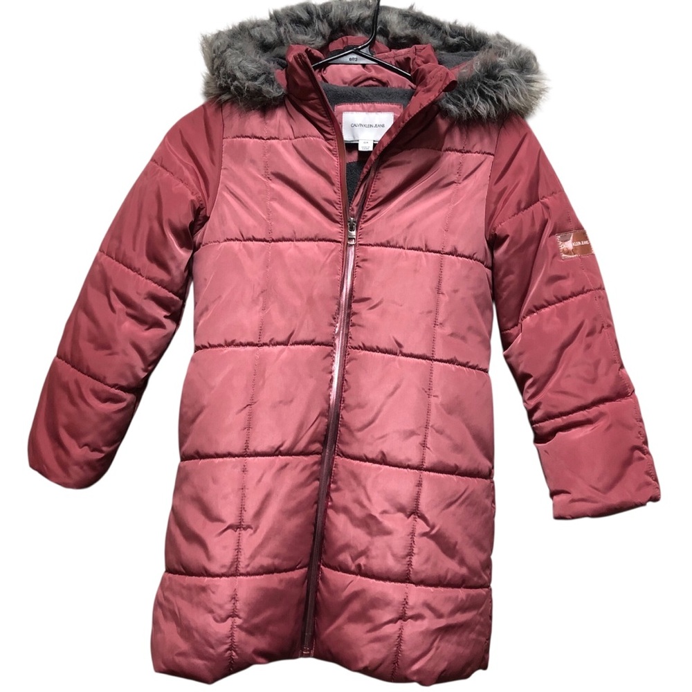 CALVIN KLEIN JEANS‎ Size 6 Girls Puffer Coat  Logo Faux Fur Hood.Pinky/Purple